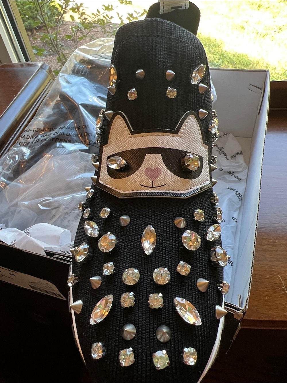 Karl Lagerfeld Women’s Black Slip-On Sneaker with Crystal Studs and Cat Motif - Picture 6 of 7